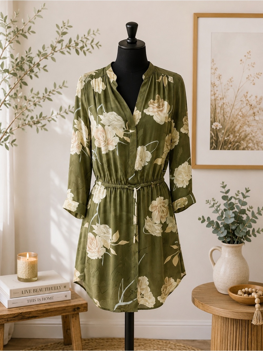Aritzia Babaton Olive Floral Long Sleeve Dress XXS